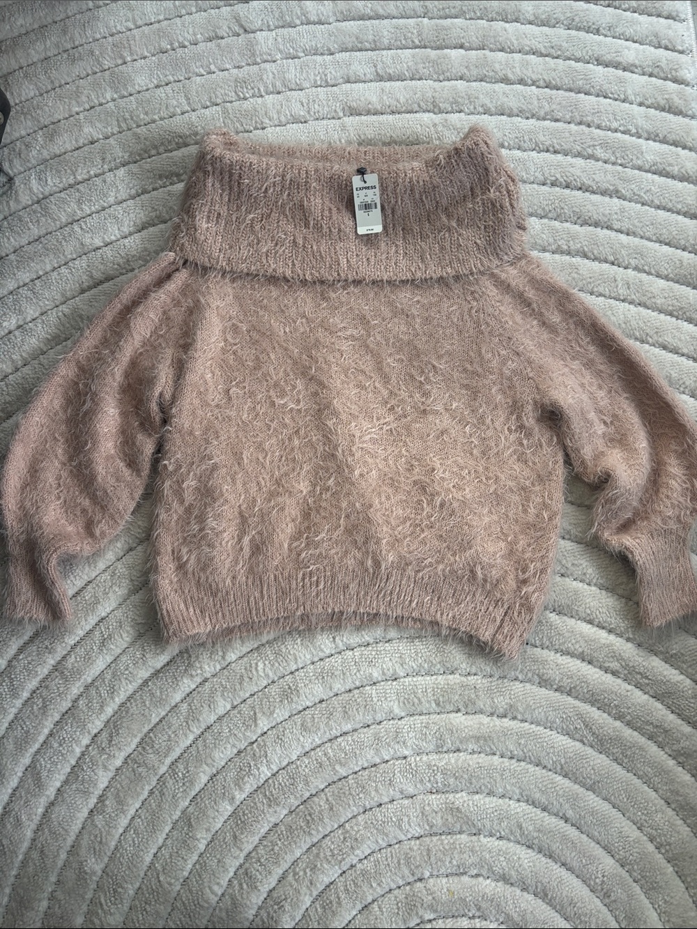 Express Off-Shoulder Fuzzy Sweater - Blush Pink